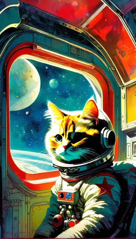 a communist astronaut cat in the spaceship cabin, window with a view of space, art inspired by Bill Sienkiewicz
