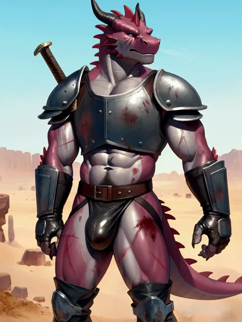 Solo Sexy anthro scalie dragon male mercenary medieval solider, slim endomorph muscular handsone model male apperance, sword scars, worn out rusty skimpy armament, low on hips heavy leather belt, studded skimpy armlets breastplate armor, skimpy breastplate...