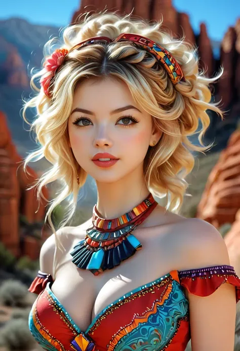 Beautiful boho women stunning merge of Masiela Lusha with colorful southwestern style dress, ful length. colorful southwestern earing and. jewelry, blond colored hair that is coarse, wiry, and tightly curled. It often has a rough texture, feels stiff to th...