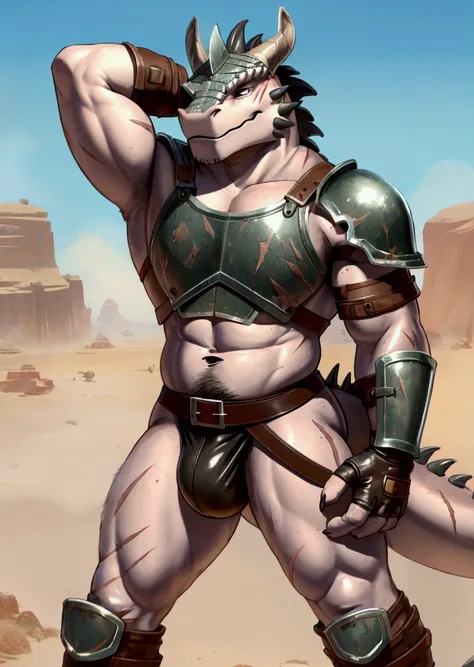 Solo Sexy anthro scalie dragon male mercenary medieval solider, slim endomorph muscular handsone model male apperance, sword scars, worn out rusty skimpy armament, low on hips heavy leather belt, old very worn out skimpy dirty linen material jockstrap, old...