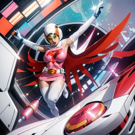 ANI_CLASSIC_jun_gatchaman_ownwaifu,1girl, 15 years old,good anatomy, masterpiece, best quality,realistic, hyperrealistic, 16k hdr,breasts,green eyes,lips,large breasts,lipstick,makeup,gloves,cape,helmet,belt,elbow gloves,white gloves,mask,ultra miniskirt,l...