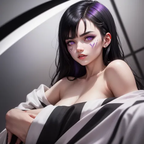 A woman with black hair with white highlights, with lilac eyes, with a demonic mark on the cheek