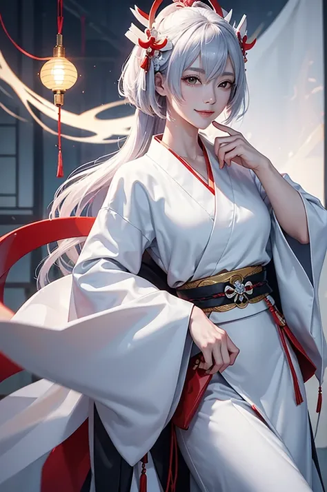 A beautiful woman in a white kimono, smiling fearlessly, as a Japanese onmyoji holds a talisman and manipulates lightning