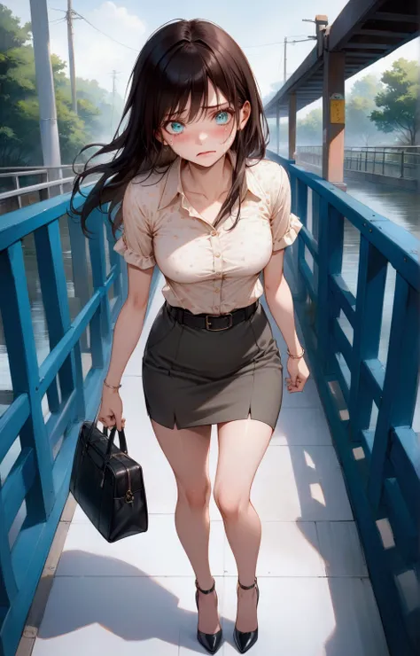 realistic anime of a beautiful latin woman is standing and carrying black bag on footbridge with crying and scared expression, (she has black long straight hair), (wearing cyan short sleeve collared blouse,  black pencil skirt with belt, black high heels),...