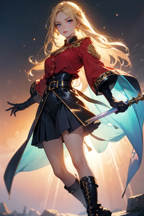 20-year-old girl, long blonde hair, blue eyes, angry expression, long dark blue skirt with gold embroidery at the hem, old-fashioned blue blouse with long fitted sleeves, adorned with red details, red leather gloves that reach her elbows, dark brown leathe...