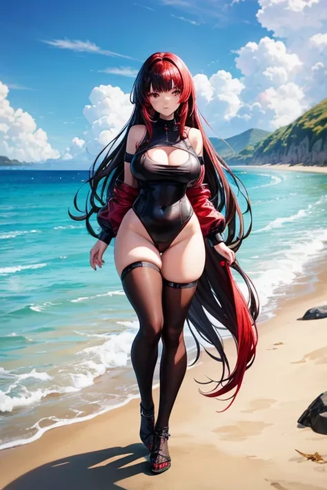 Create an anime character on the beach her body is perfect, full of curves her hair is long and also black with red bangs her clothes are red and black 