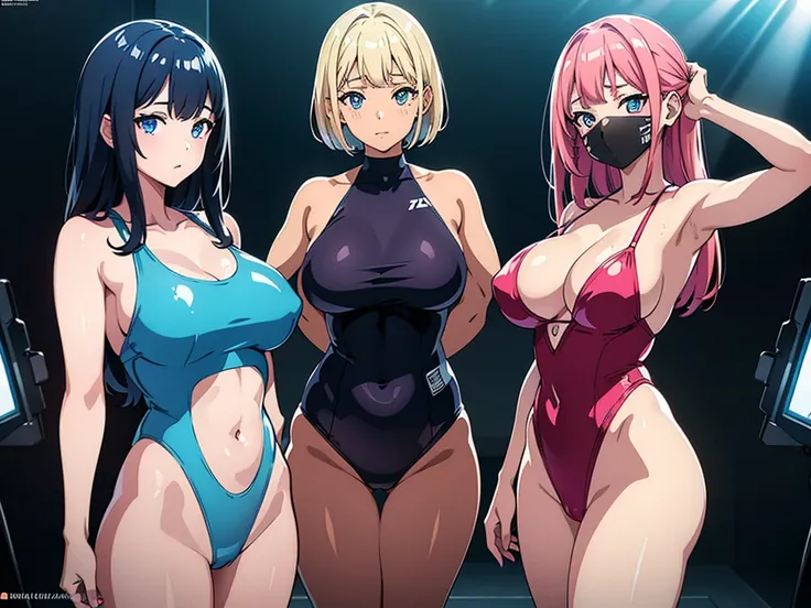 3girls in school swimsuits, cyber world, hologram, sci-fi, gleaming, glamorous, glossy skin, best quality, 8k,  masterpiece, ultra-detailed, realistic, vivid colors, studio lighting, physically-based rendering, extreme detail description, professional