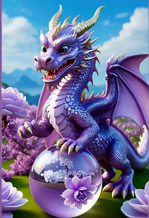 Very nice 3D rendering of a lilac Chinese dragon，Dragon&#39;Overall cute and gentle face、The background is a light blue flower field、Dragon is holding a crystal ball with its paws、Dynamic Performance, Vivid effects and details，Best image quality，High resol...