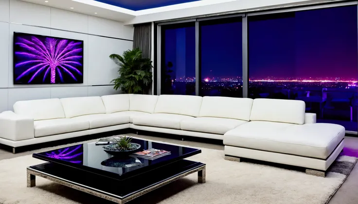 best quality, ultra hi res, photoreaslistic, a photograph of a spacious 80s penthouse living room with floor-to-ceiling windows overlooking a nighttime cityscape. White leather sectional sofa, glass and chrome coffee table, and a large geometric patterned ...