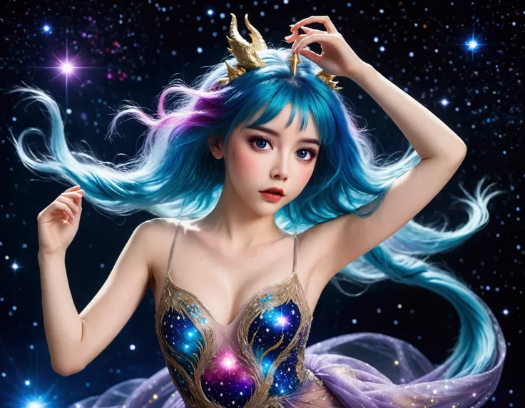 A lovely woman (age 25, sheer airy gown, dragon makeup, big eyes, colorful hair, dancing on a cosmic field of stars, trails of stardust and sparkles
