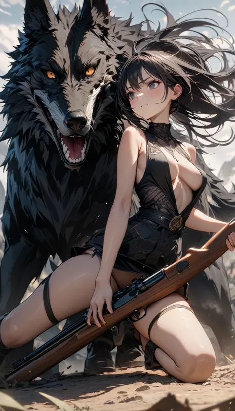 young girl, short black hair, black eyes, black ninja form, sleeveless, open breasts, open legs, Winchester rifle, ride on wolf, Masterpiece, best quality, Full HD, 8k, ultra details, great graphic