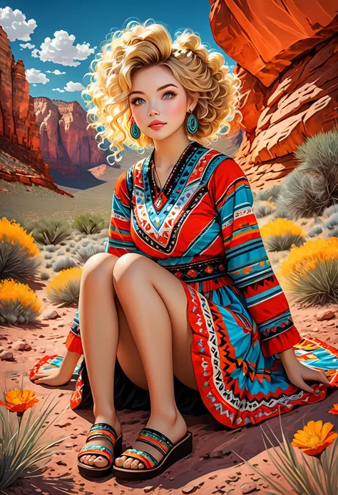 Full-length photo of a beautiful woman, a stunning merge of Masiela Lusha, in a colorful Southwestern style dress and skirt. She is sitting on a patch of grass under colorful skies, looking upward at the viewer. She is wearing Navajo sandals, Southwestern ...