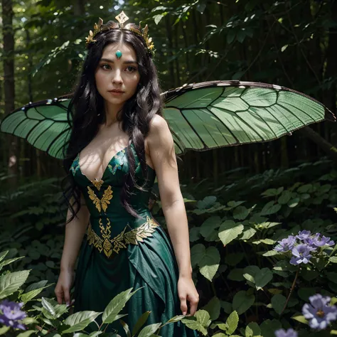 Elf woman with long black wavy hair, pointy ears and black eyes, a crown of blue and purple flowers, dark green dress, gold jewelry, long eyelashes, golden transparent butterfly wings, a dark green forest background, flying small fairies, mushrooms