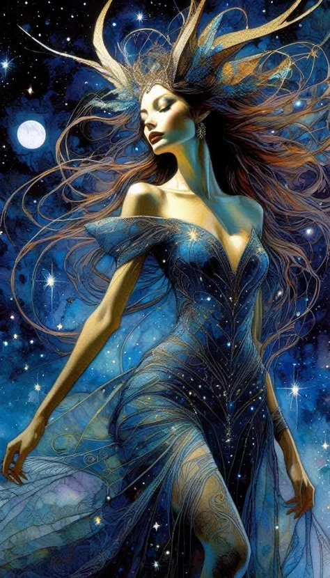 the sexy goddess, very sexy embroidered dress,magic, fantastic, night sky, moon, stars, background,  Brian Froud and Carne Griffiths and Wadim Kashin inspired art
