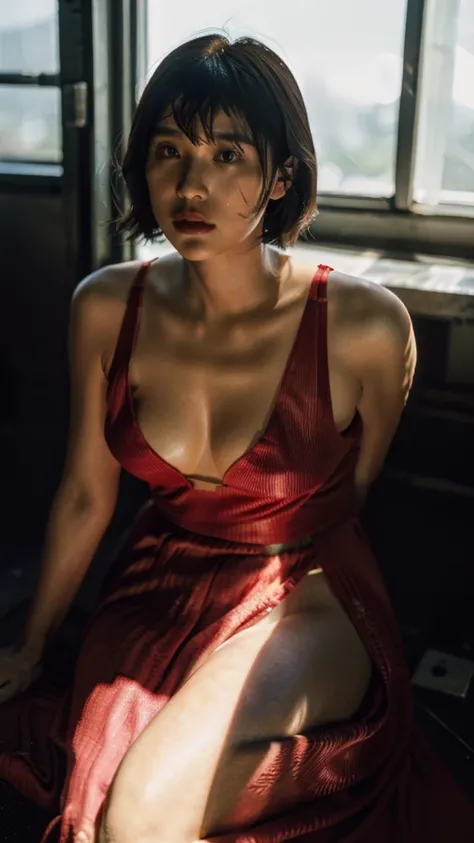 (full-length shot:1.5), (Best quality:1.5), 23y, 1girl, indonesian, (big breast), (red maxi dress), (cute face:1.4), wavy short hair blowing in the wind, (bangs:1.2), sexy posing in futuristic garage, dramatic moment, kodacrhome, cinematic dark lighting, b...