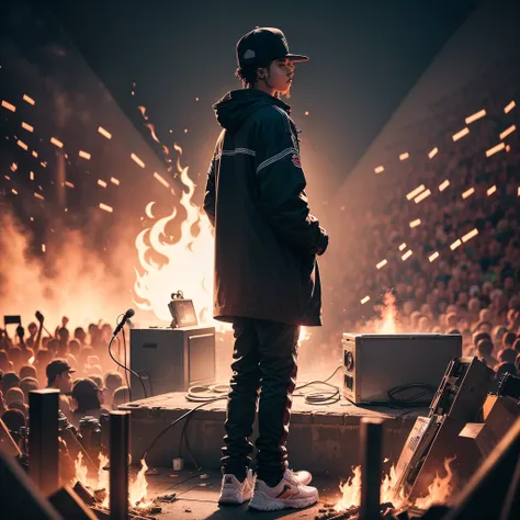 Rapper in the middle of the concert standing on the scene and people are watching him, lightings and fire around the scene