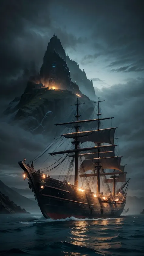 4 boats sailing in the ocean near a mountain with stairs, Epic fantasy novel cover art, 3D rendering and matte painting, Arcane Style Viking Battleship, matte painting movie poster, symmetrical epic fantasy art, high dark fantasy painting, an epic fantasy,...