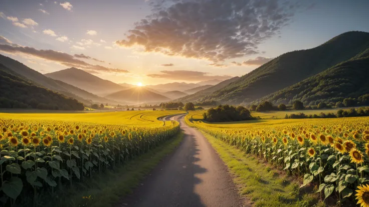 A serene landscape with a road leading from a field of sunflowers to a mountain illuminated by a golden sunset, symbolizing the path of life guided by God.