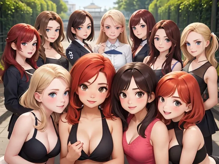 (Best quality, masterpiece), group photo of 8 very different beautiful students, different emotions, different facial expressions, stubborn poses, Different hair colors(among them there is only one redhead, 3 blondes, 2 brown-haired and 2 brunettes), Diffe...