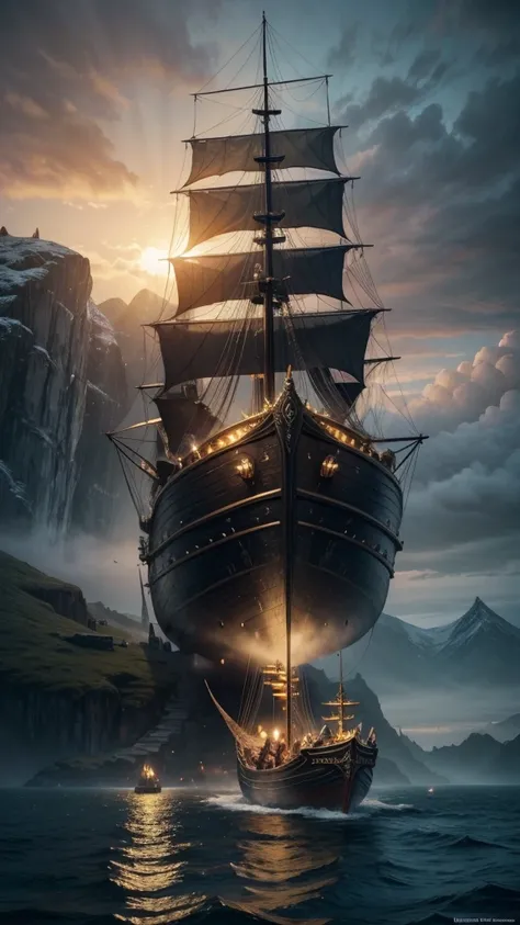 Shiny golden valhalla gates with a boat sailing in the ocean near a mountain with stairs, Epic fantasy novel cover art, 3D rendering and matte painting, Arcane Style Viking Battleship, matte painting movie poster, symmetrical epic fantasy art, high dark fa...