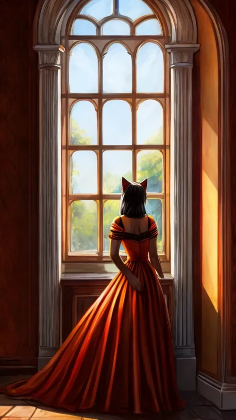 An orange pop singer feline with black stripes and a very large red princess dress sad in the window of a large house 