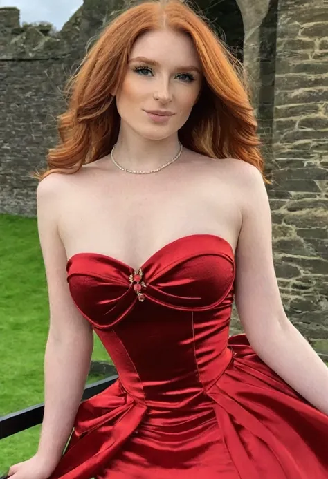 ((high quality:1.2)), (8k), extremely detailed, ((High detail:1.2)), ((best resolution:1.4)), (HotLexi), Solo, ((24 years old irish red-haired female:1.45)), ((dress strapless)), 