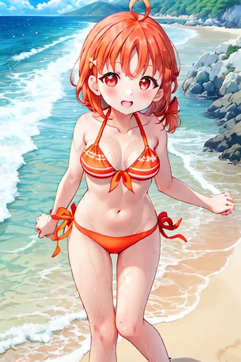 1 girl, alone, takami chika, red eyes, Braid, hair ribbon, Ahoge, outdoor, Orange bikini swimsuit、Ocean、Sandy Beach、ultra hi resolution picture、Depth of written boundary、Lens flare、whole body