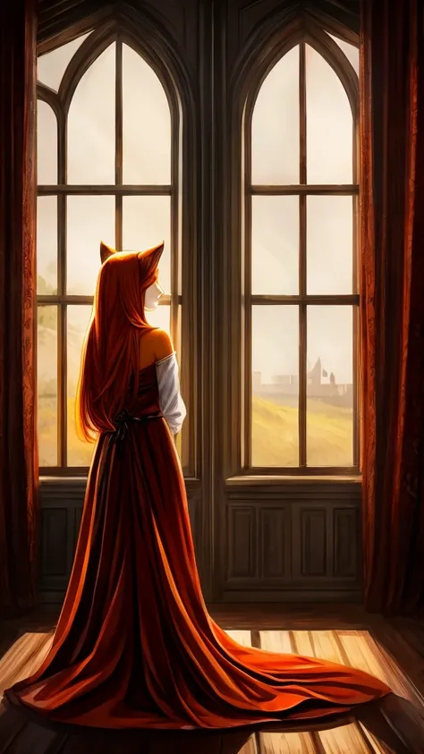 An orange feline with black stripes and a red princess dress, very long straight orange hair, sad in the window of a huge house