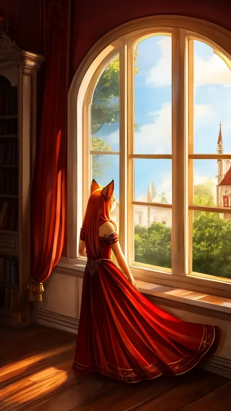 An orange feline with black stripes and a red princess dress, very long straight orange hair, sad in the window of a huge house