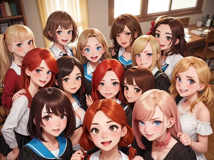 (Best quality, masterpiece), group photo of 8 very different beautiful students, dorm party, alcohol, different emotions, different facial expressions, stubborn drunk girls, various poses, Different hair colors(among them there is only one red-haired chara...