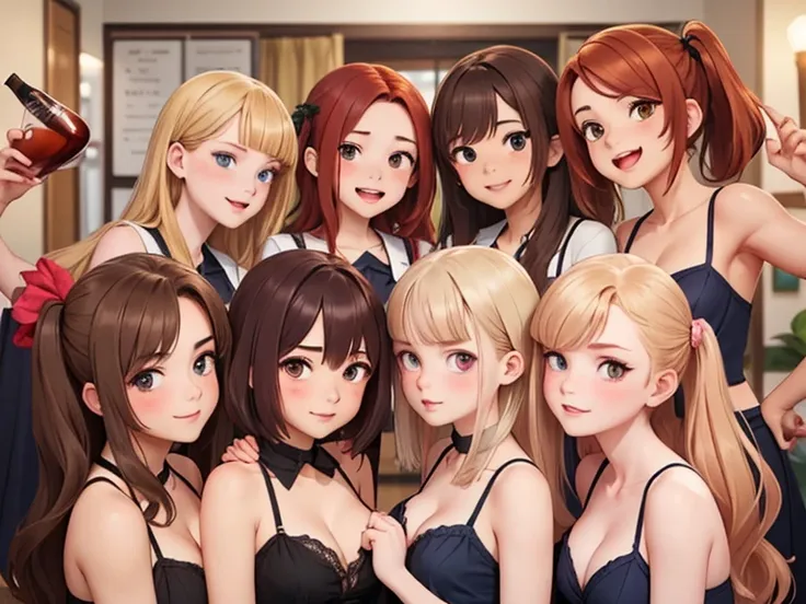 (Best quality, masterpiece), group photo of 8 very different beautiful students, dorm party, alcohol, different emotions, different facial expressions, stubborn drunk girls, various poses, Different hair colors(among them there is only one red-haired chara...