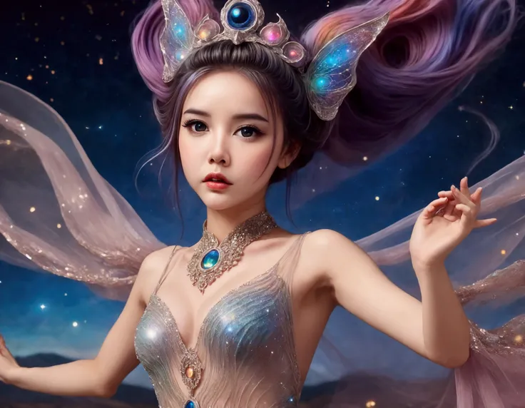 A lovely woman (age 25, sheer airy gown, dragon makeup, big eyes, colorful hair, dancing on a cosmic field of stars, trails of stardust and sparkles
