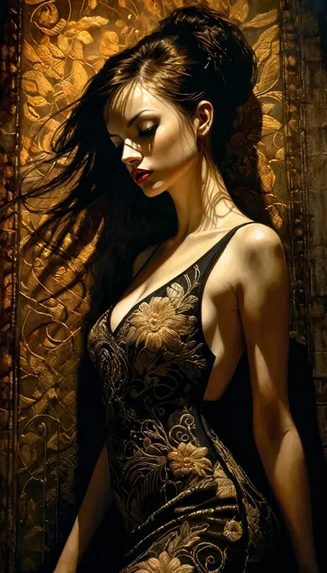 the sexy goddess , very sexy embroidered dress, between shadows, oil painting, chiaroscuro, sensual, dramatic lighting, moody at...