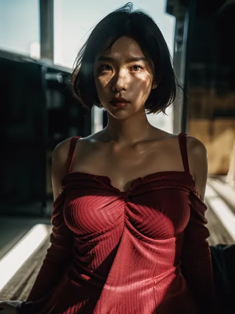 (full-length shot:1.5), (Best quality:1.5), 23y, 1girl, indonesian, (big breast), (red maxi dress), (cute face:1.4), wavy short hair blowing in the wind, (bangs:1.2), sexy posing in futuristic garage, dramatic moment, kodacrhome, cinematic dark lighting, b...