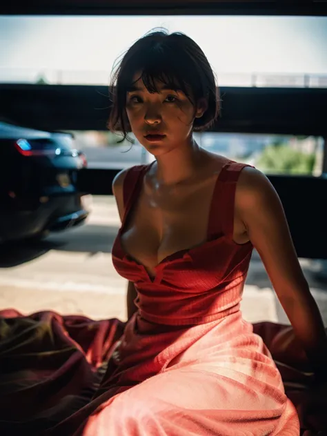 (full-length shot:1.5), (Best quality:1.5), 23y, 1girl, indonesian, (big breast), (red maxi dress), (cute face:1.4), wavy short hair blowing in the wind, (bangs:1.2), sexy posing in futuristic garage, dramatic moment, kodacrhome, cinematic dark lighting, b...