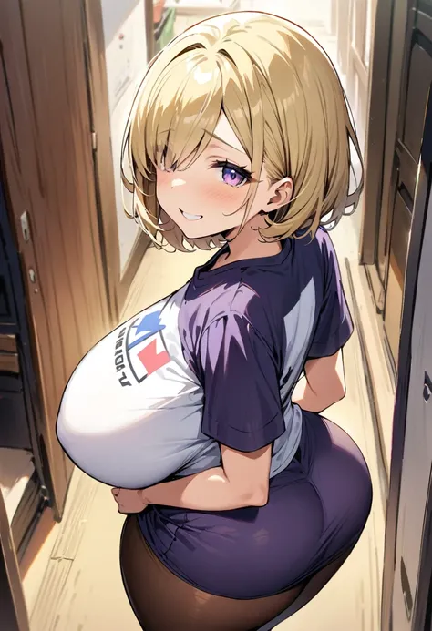 ((Best Quality)), ((masterpiece)), (detailed), 1 girl, Pastel yellow hair, broad, hair covers one eye, purple eyes, big breasts, big thighs, expression smiling shy, white voting t-shirt, purple skirt, brown pantyhose, looking at the viewer, view from behin...