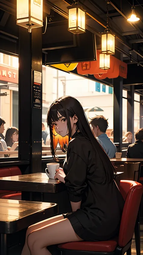 A young couple is sitting inside a cafe. The girl is wearing short clothes with, big hips,  Colorful lights are burning in the cafe. Moody color, Sharpness 