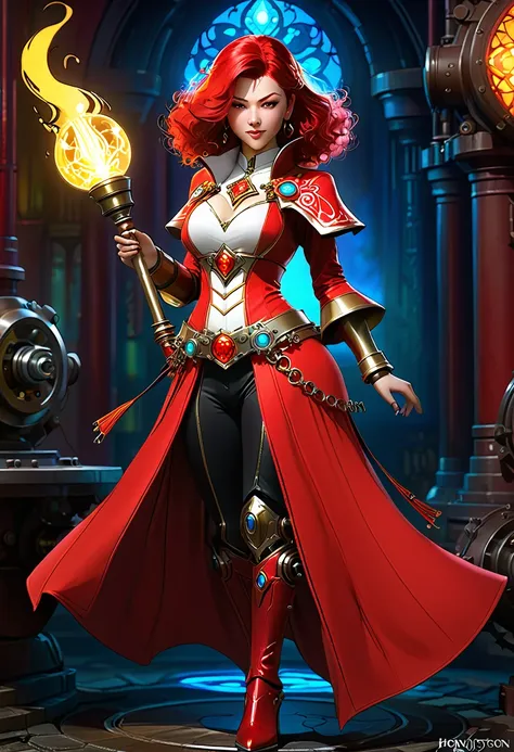 ava red, the wizard of magical colors, mechanical priestess, honky tonk girl,  full body, concept art, realistic character conce...