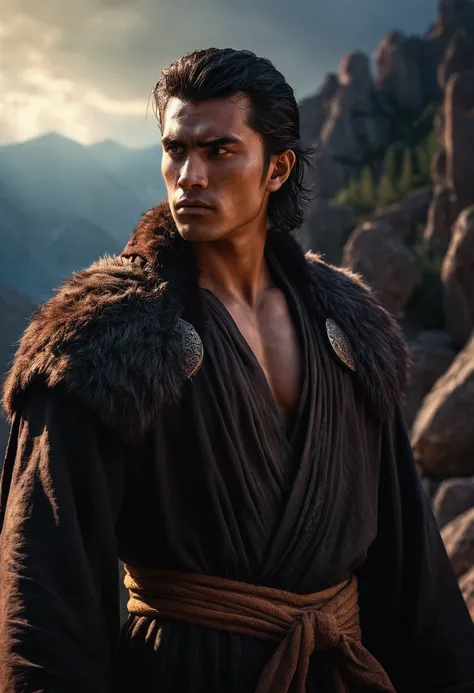 a handsome young mysterious warrior with dark fur, he wears a robe, he is a warrior, highly detailed face, sunburned skin, rocky mountain background, dramatic lighting, cinematic, fantasy, dark and moody atmosphere, chiaroscuro, dramatic shadows, vivid col...