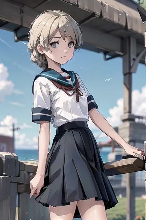 One girl, Solo White Seravuk, , Short sleeve, skirt, blue skirt, Twin Blade, Blue sailor collar, View your viewers,    port, port