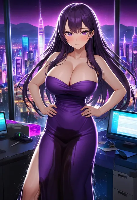 woman, very dark purple hair, purple eyes, long hair, large breasts, very long dress, very tight dress, standing straight, (wetting herself:1.5), best quality, ultra-detailed, HDR, studio lighting, professional, vivid colors, sharp focus, bokeh, landscape,...