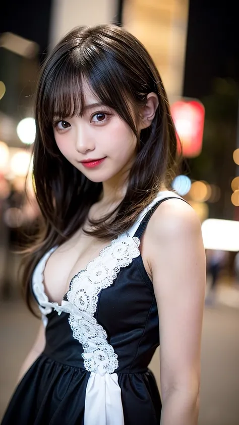 Tabletop, Highest quality, shape, Very detailed, finely, High resolution, 8k wallpaper, 完璧なダイナミックな構shape, finelyて美しい目, Wearing a black dress,Medium Hair,Natural color lip, smile,Harajuku、Teenage Girl、cute、Looking into the camera、C cup、Brown Hair、Blurred ni...