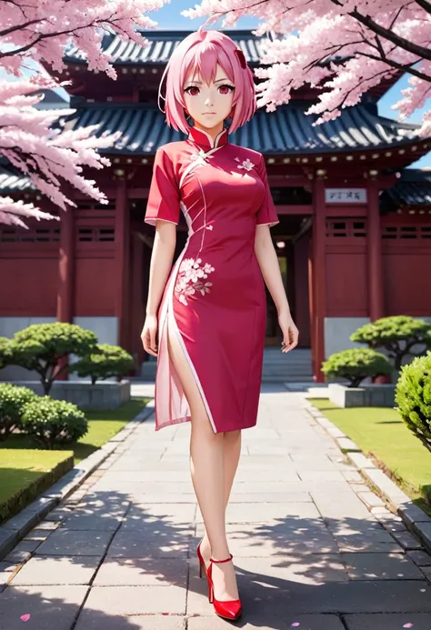 Sakura Haruno_anime naruto, pink hair bob, torn bob, (((red open qipao with white piping))), short knee-length white trousers, red pumps, crystal in the forehead shaped like a rhombus,  clothes in the style of Sakura Haruno,   impeccable appearance, 
Maste...