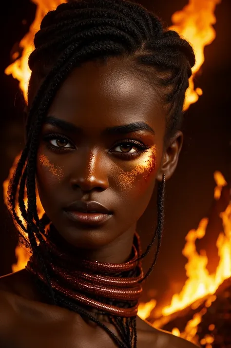 A tall girl with dark skin, ivory eyes, red eyelashes, and hair that looks like molten lava, as if it were composed of fire and molten rock