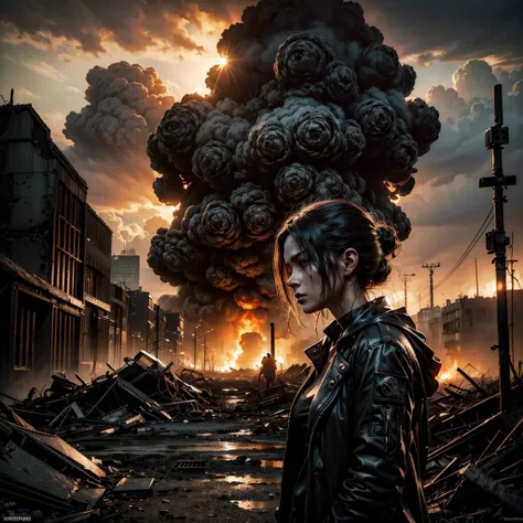 a mysterious woman, evil woman, wandering in ruins, nuclear explosion, post-apocalyptic landscape, desolate city, dramatic lighting, cinematic composition, dark and moody atmosphere, detailed facial features, piercing eyes, tattered clothing, debris and ru...