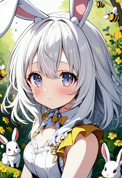 anime girl, hybrid rabbit, bee, white hair, white eyes, white rabbit ears 