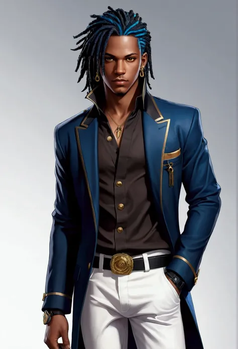 Dark-skinned young man with brown eyes and a black jacket., Blue dreadlocks, Hairstyle with dreadlocks, in human style, colorful sketch, unrealistic character concept, Conceptual portrait of my character, подробный character portrait, anime style character...