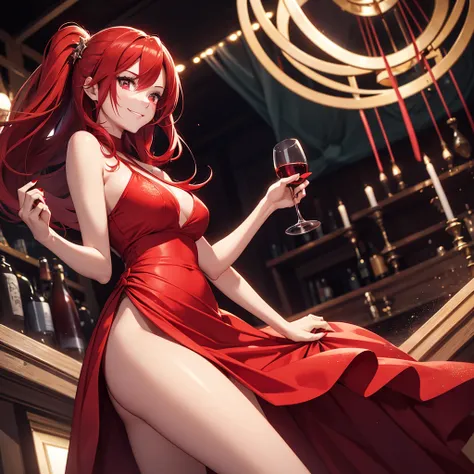 30 year old woman , with bright red glitter dress , long and shocking red hair , Eyes red , expression of mockery making a smile , view from below , Caucasian skin , sharp and red nails , fully body , one leg outside the dress with one leg inside , holding...