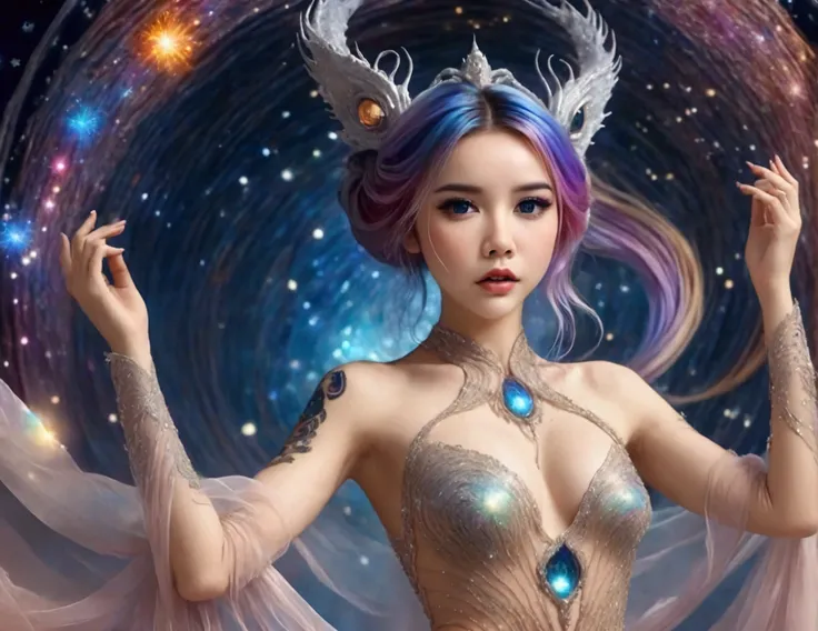 A lovely woman (age 25, sheer airy gown, dragon makeup, big eyes, colorful hair, dancing on a cosmic field of stars, trails of stardust and sparkles
