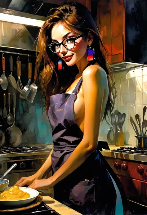 very sexy girl, long straight brown hair, colorful earrings, large square glasses, wearing only a kitchen apron, in the kitchen cooking, small breasts, smiles, adorable, perfect ass, oil painting, chiaroscuro, sensual and dramatic lighting, atmosphere mood...